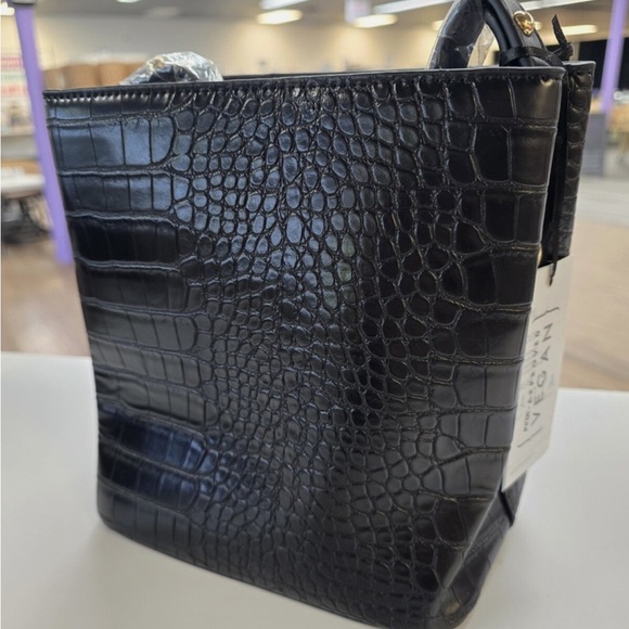 AOTA Elena Bucket Bag Black Vegan Leather Croc Embossed Top Handle purse - Picture 12 of 12